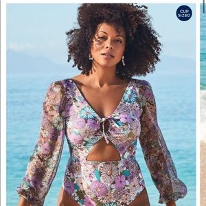 GabiFresh CUP SIZED CHIFFON SLEEVE ONE PIECE SWIMSUIT color Garden Dream.